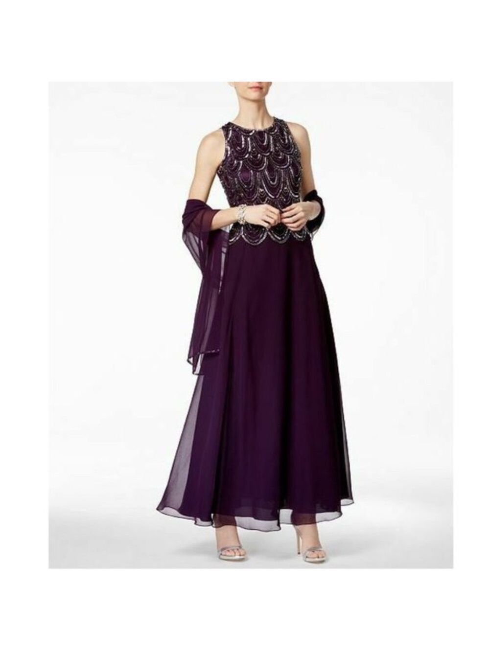 J Kara Embellished A-Line Gown and Scarf